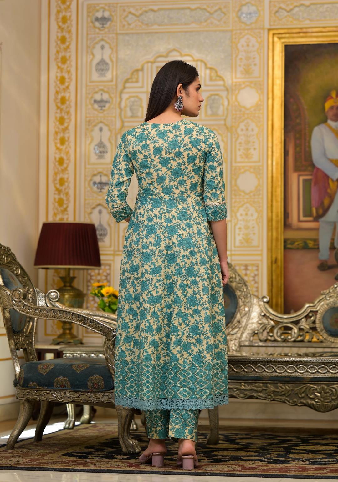 The Kurti Collection Women Floral Printed V-Neck Mirror Embellished Angrakha Anarkali Kurta Paired With Printed Bottom And Dupatta