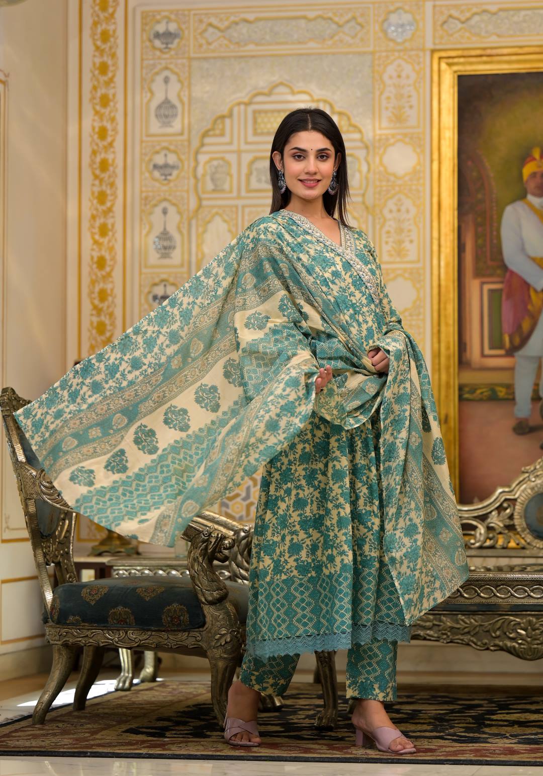 The Kurti Collection Women Floral Printed V-Neck Mirror Embellished Angrakha Anarkali Kurta Paired With Printed Bottom And Dupatta