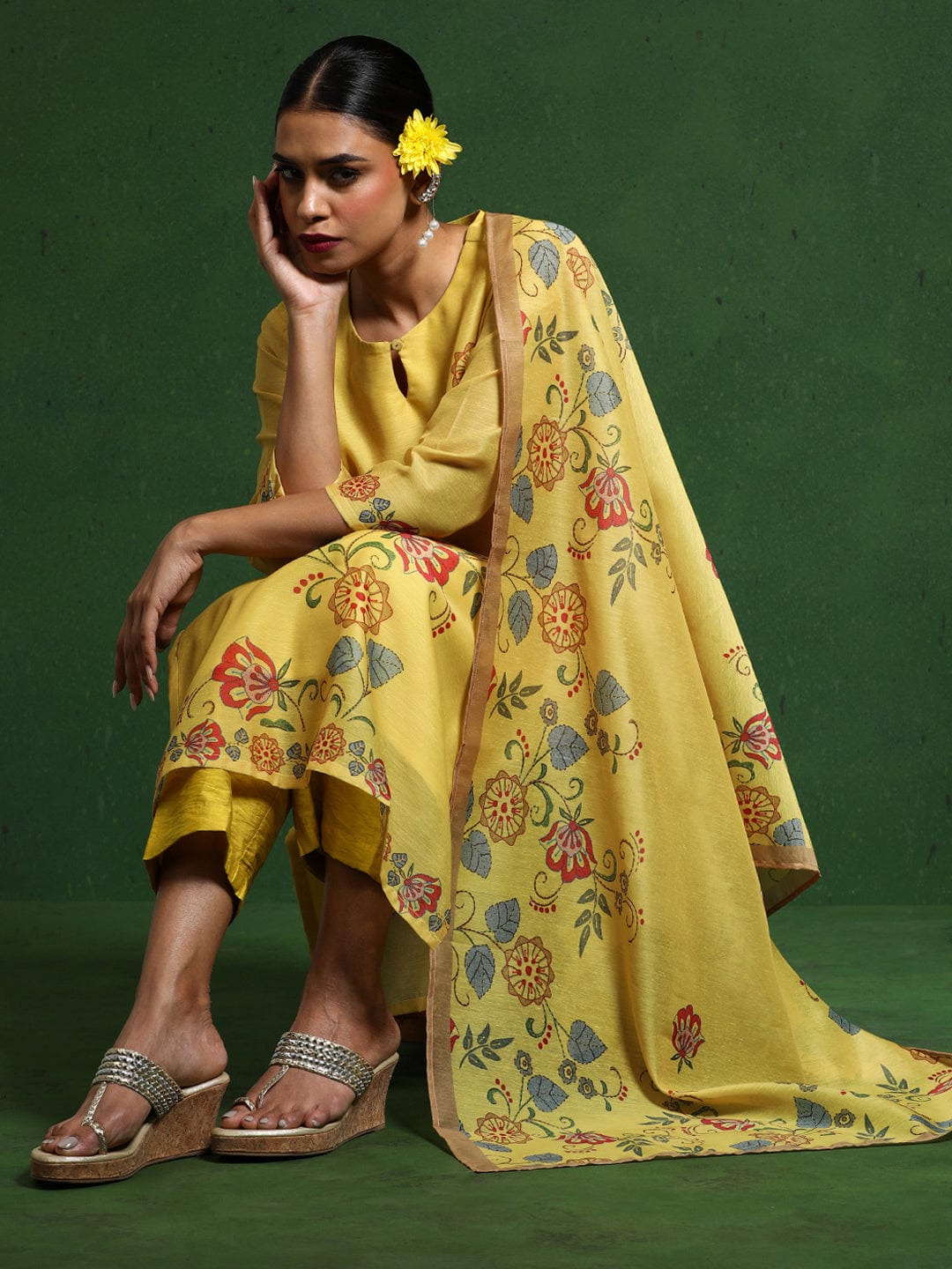 The Kurti Collection Women Floral Embroidered Sequinned Chanderi Silk Kurta with Trousers & Dupatta