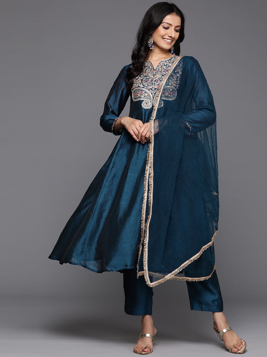 The Kurti Collection Women Blue Zari And Thread Embroidered A-Line Kurta With Bottom And Dupatta