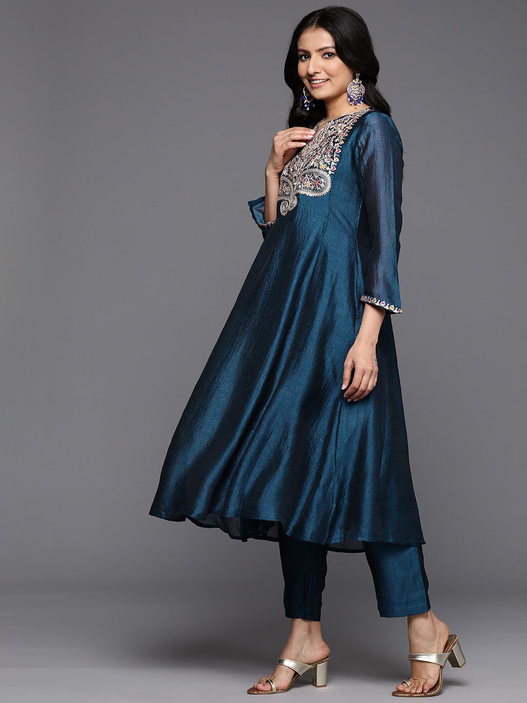 The Kurti Collection Women Blue Zari And Thread Embroidered A-Line Kurta With Bottom And Dupatta