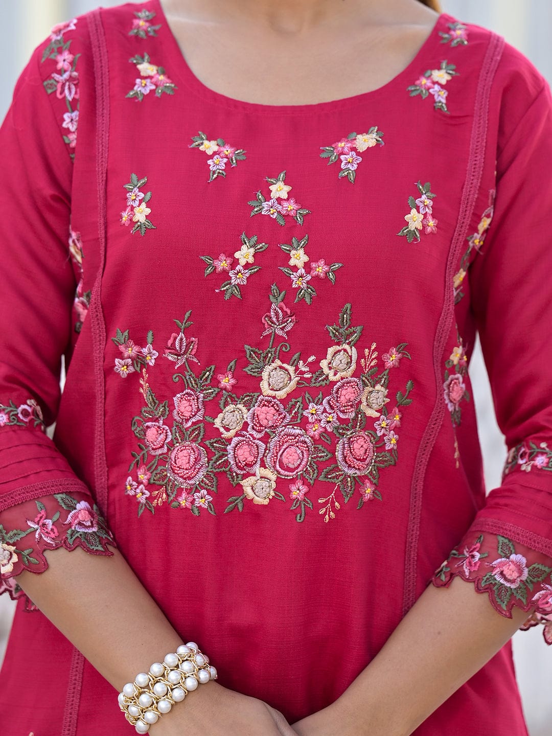 The Kurti Collection Women Fuchsia Pink Embroidered Scallop Detail Kurta Paired With Bottom And Dupatta
