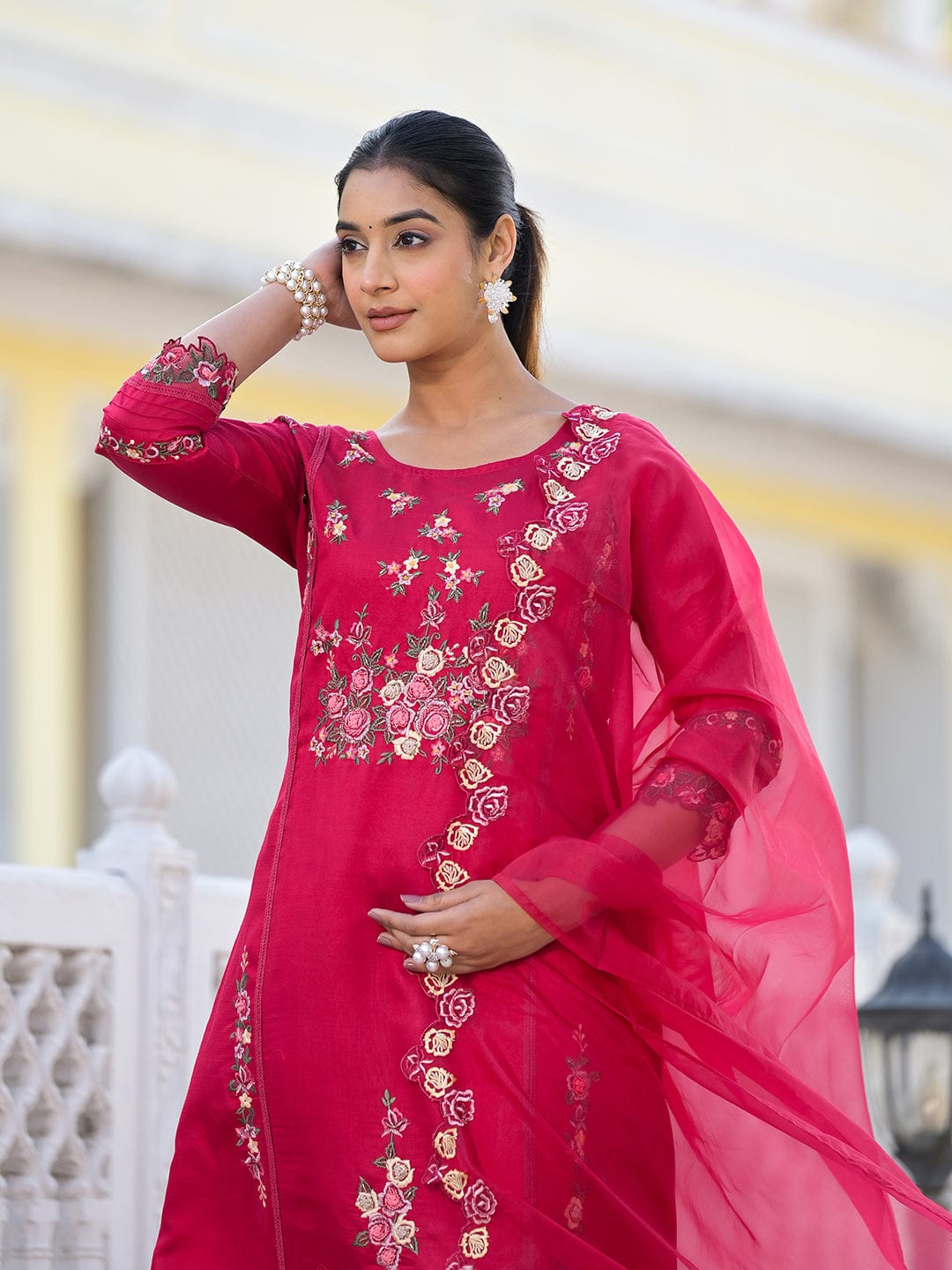 The Kurti Collection Women Fuchsia Pink Embroidered Scallop Detail Kurta Paired With Bottom And Dupatta