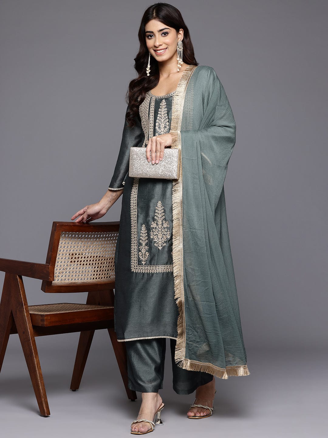 The Kurti Collection Women Mint Green Round Neck With Heavy Zari Embroidered Kurta With Bottom And Dupatta