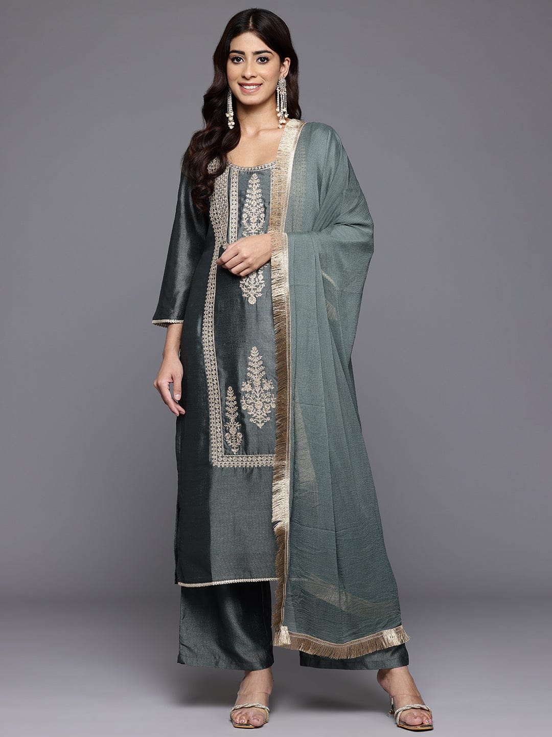 The Kurti Collection Women Mint Green Round Neck With Heavy Zari Embroidered Kurta With Bottom And Dupatta