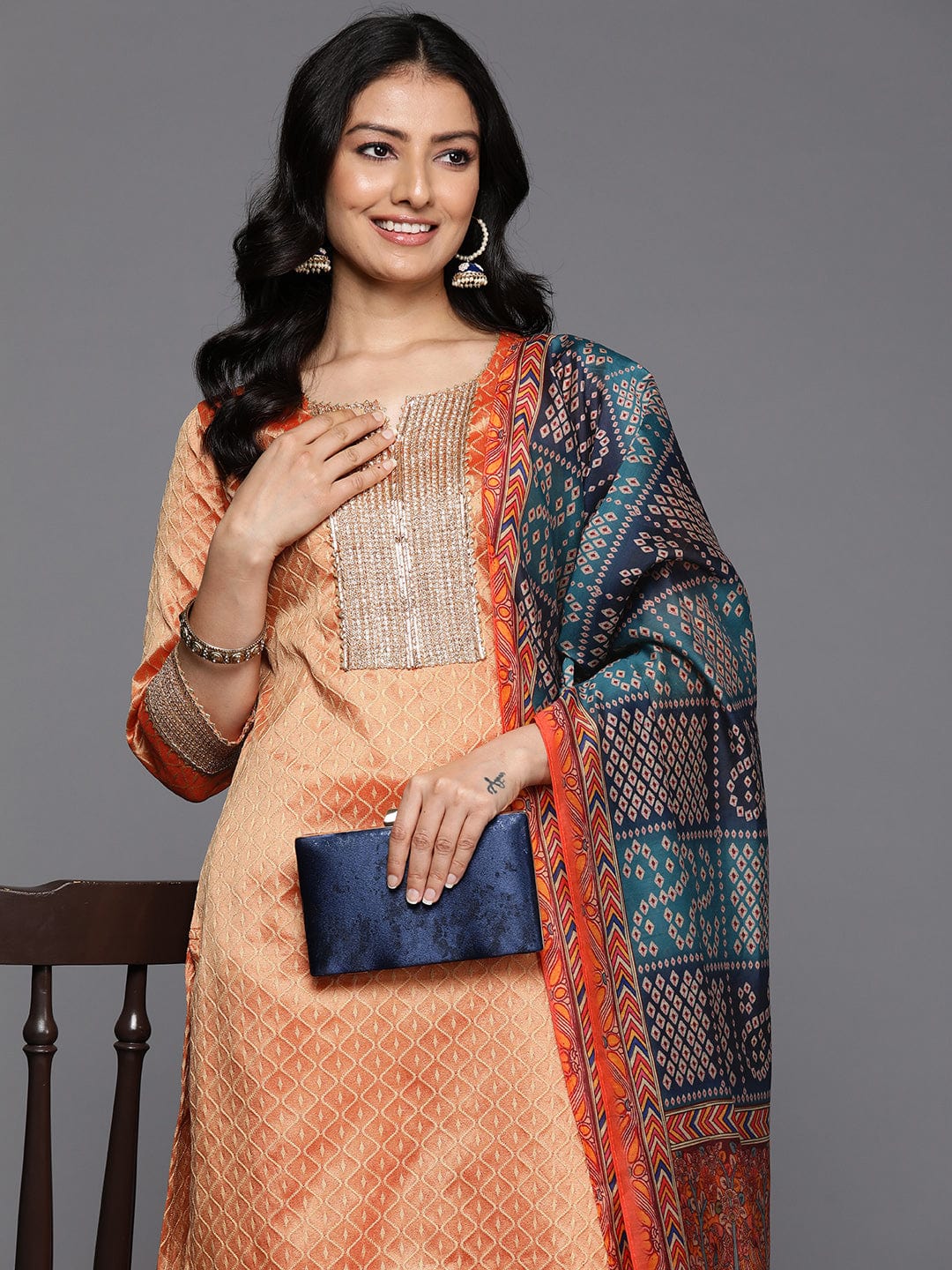 The Kurti Collection Women Sea Green Jacquard Weave Lace Embellished Kurta With Bottom And Dupatta