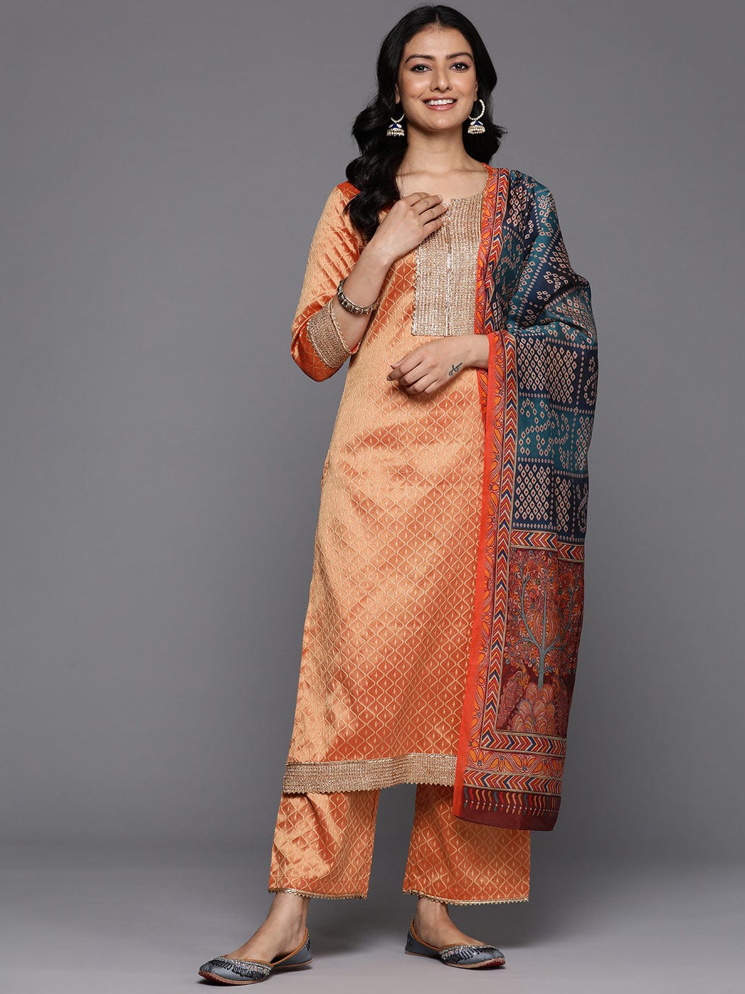 The Kurti Collection Women Sea Green Jacquard Weave Lace Embellished Kurta With Bottom And Dupatta