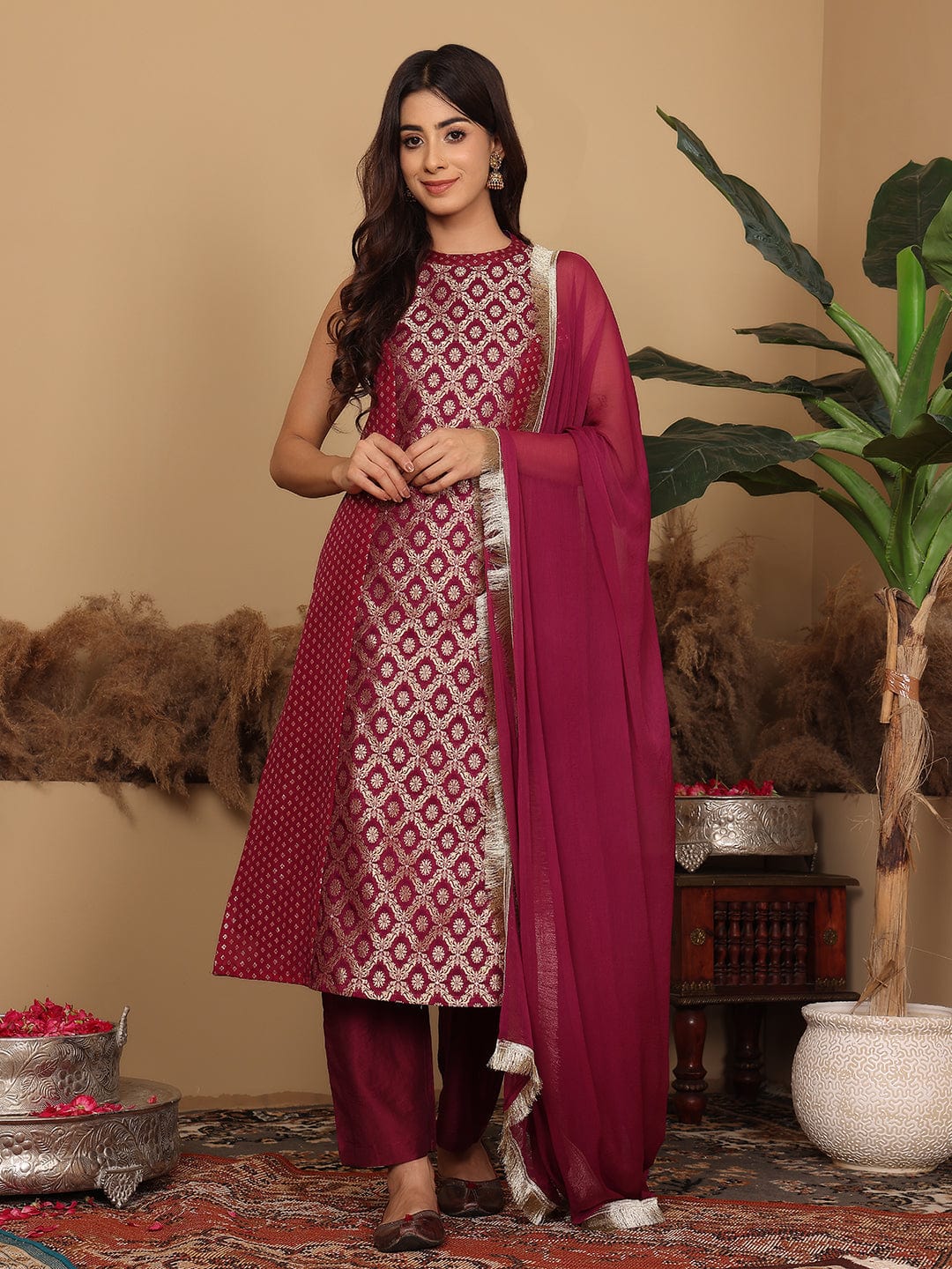 The Kurti Collection Women Purple Brocade Halter Neck Kurta With Bottom And Dupatta