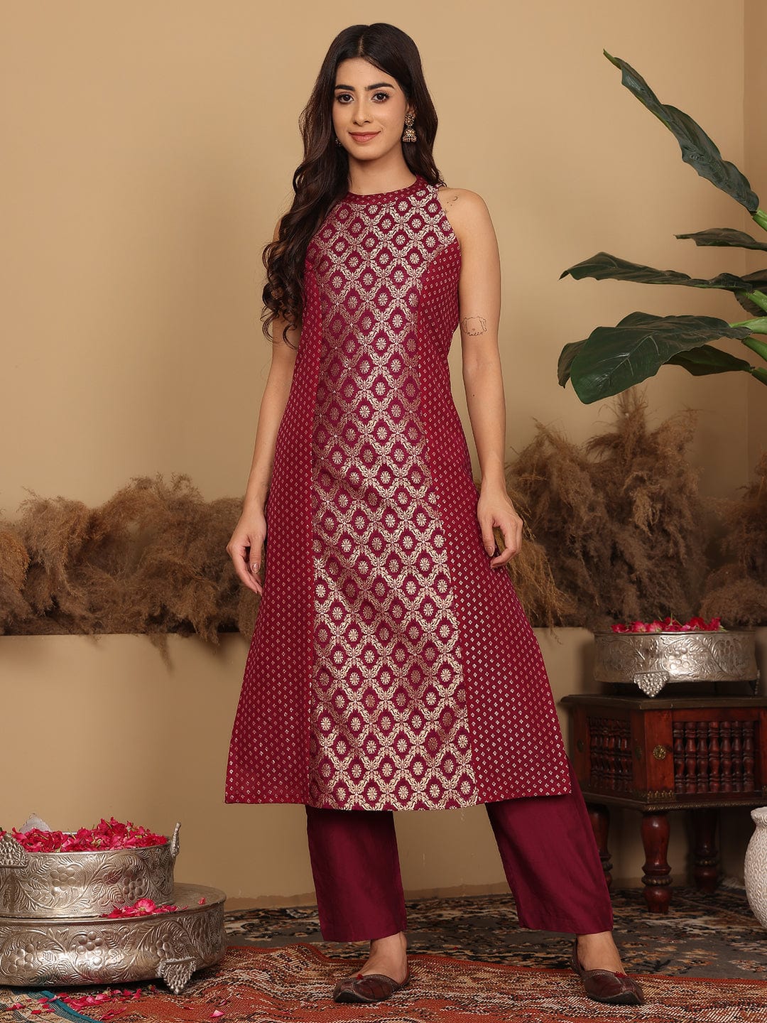 The Kurti Collection Women Purple Brocade Halter Neck Kurta With Bottom And Dupatta