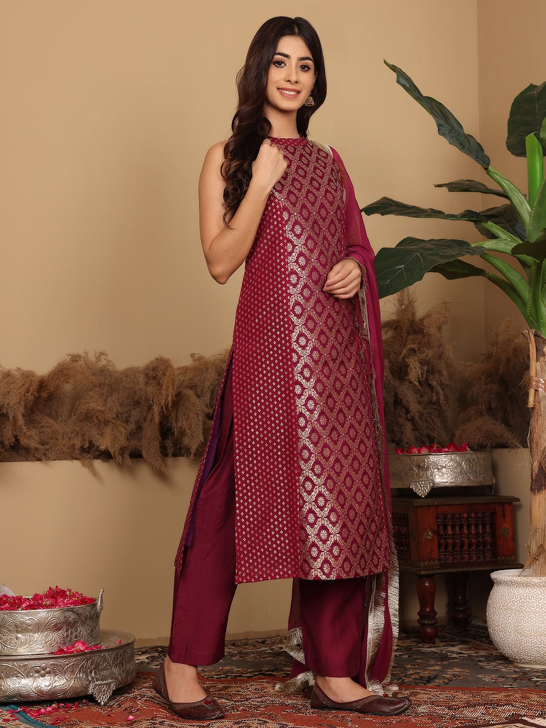 The Kurti Collection Women Purple Brocade Halter Neck Kurta With Bottom And Dupatta