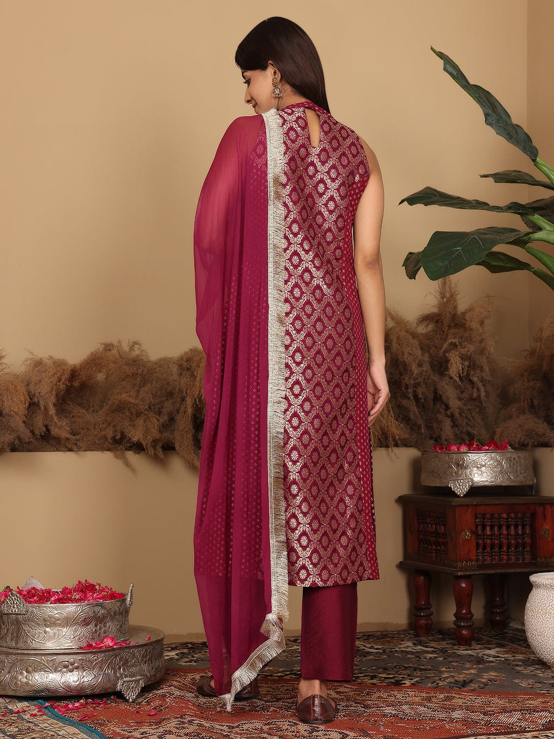 The Kurti Collection Women Purple Brocade Halter Neck Kurta With Bottom And Dupatta