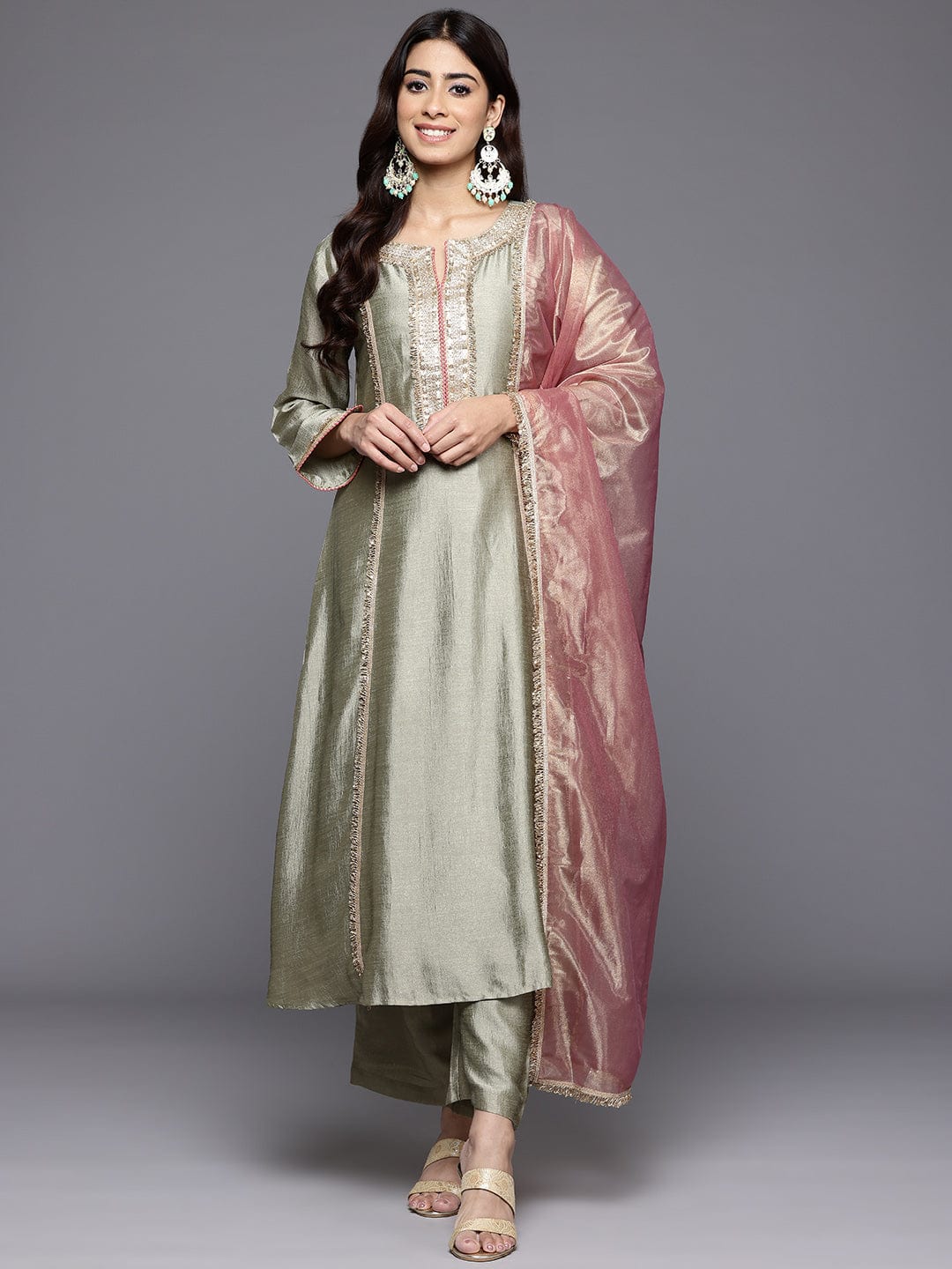The Kurti Collection Women Round Neck Pista Green Lace Embellished Kurta Paired With Bottom And Tissue Silk Dupatta