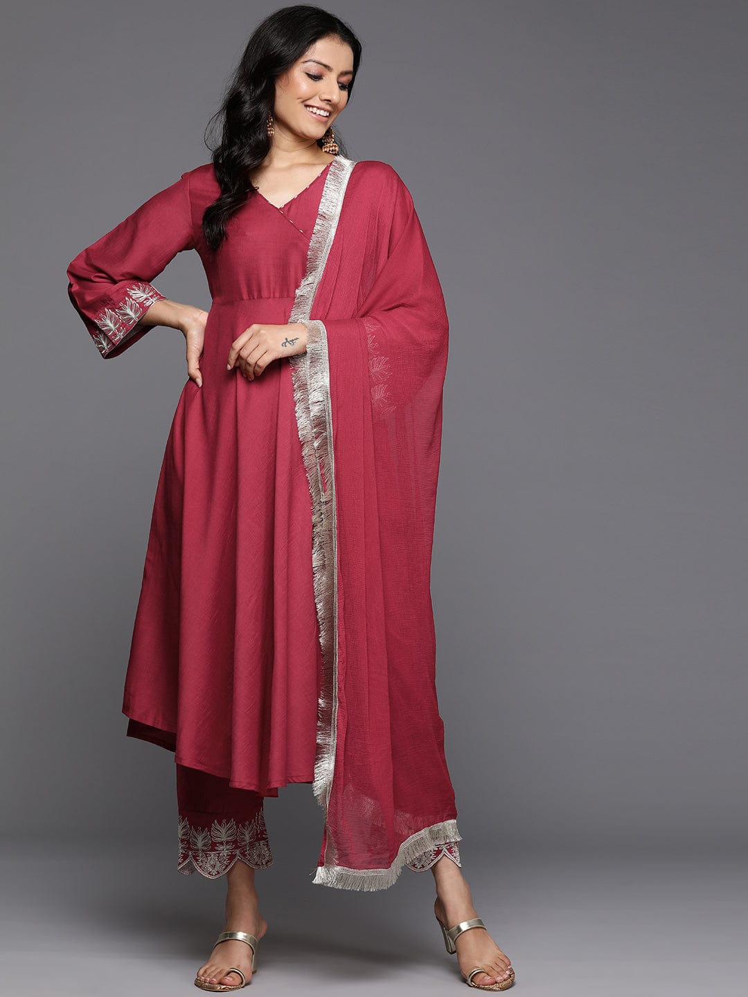 The Kurti Collection Women Maroon Angrakha Style Zari Embroidered Anarkali With Bottom & Dupatta