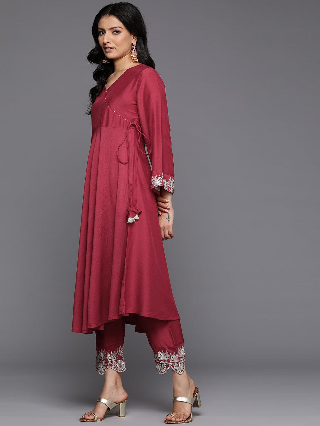 The Kurti Collection Women Maroon Angrakha Style Zari Embroidered Anarkali With Bottom & Dupatta