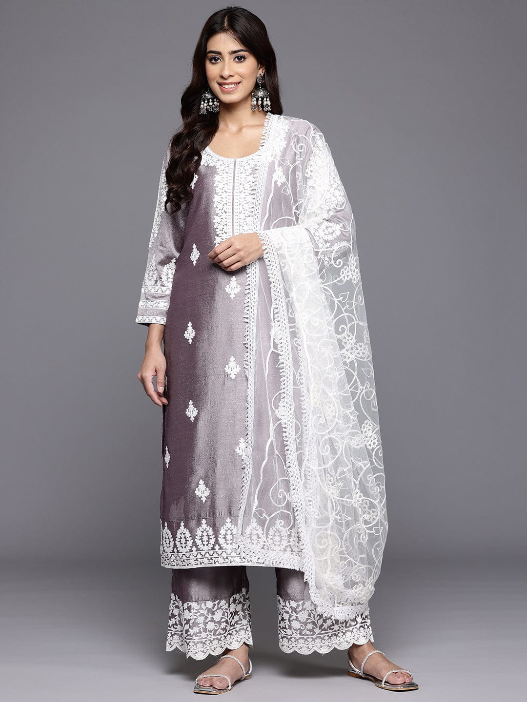 The Kurti Collection Women Lavender Thread Embroidered Kurta With Bottom And Dupatta