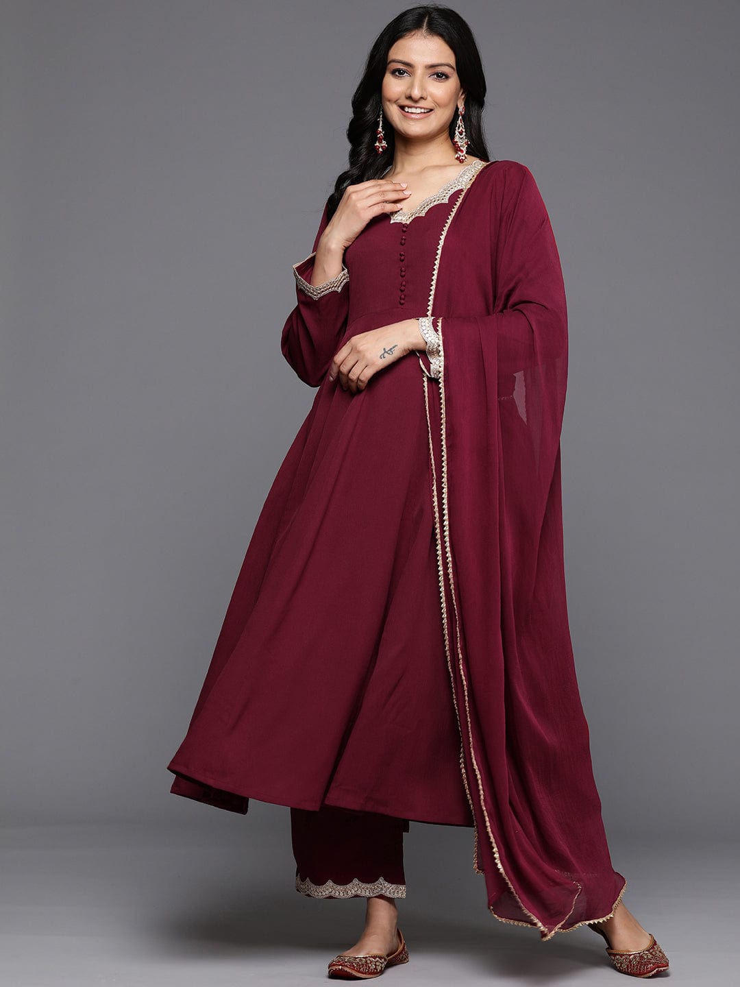 The Kurti Collection Women Maroon Zari And Sequins Embellished Anarakli Kurta Paired With Bottom And Dupatta