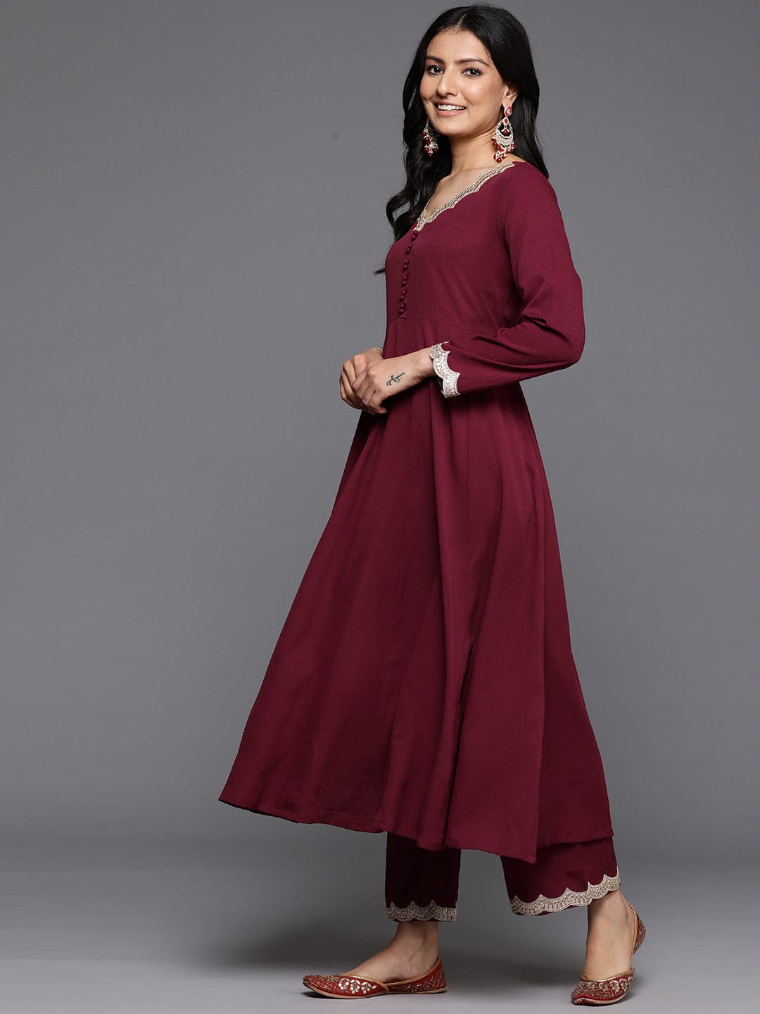 The Kurti Collection Women Maroon Zari And Sequins Embellished Anarakli Kurta Paired With Bottom And Dupatta