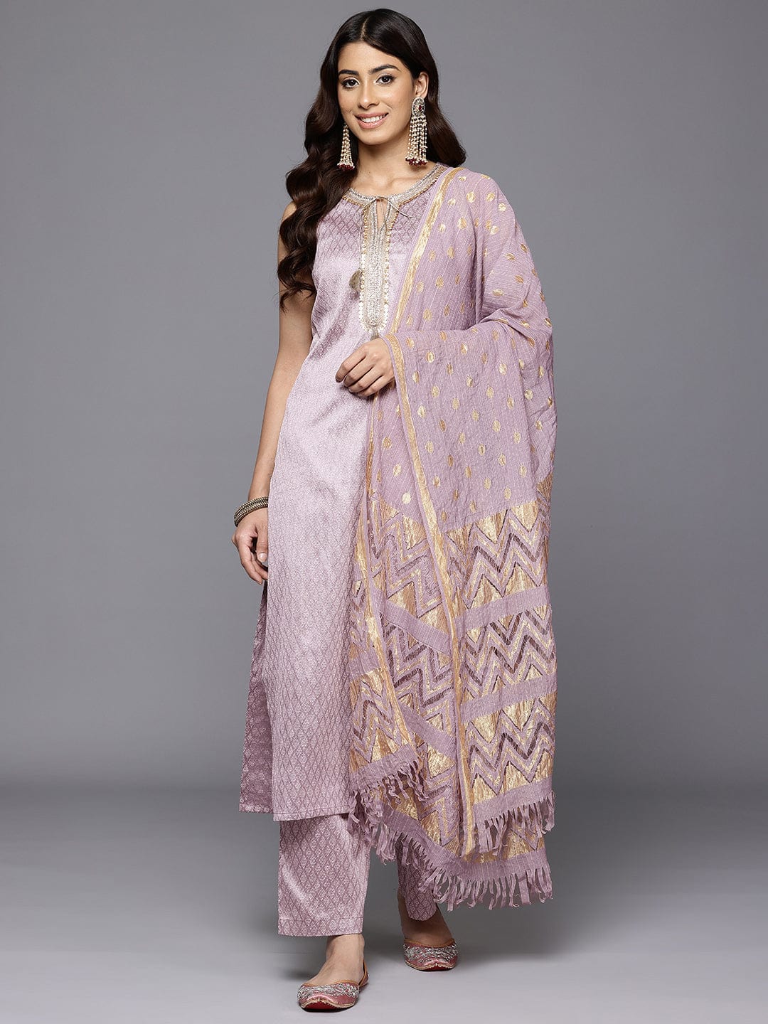The Kurti Collection Women Lavender Zari And Sequins Lace Embellished Kurta With Bottom And Dupatta
