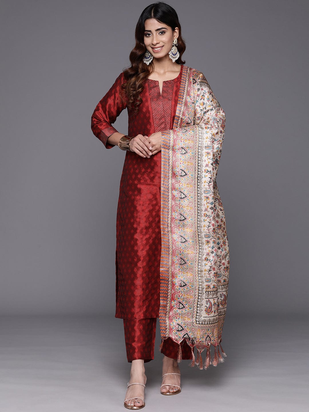 The Kurti Collection Women Maroon Woven Zari Embroidered Straight Kurta With Bottom And Dupatta