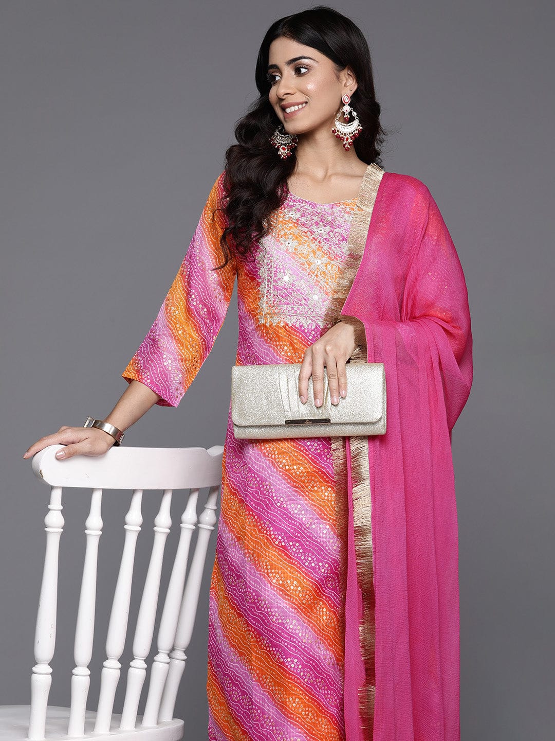 The Kurti Collection Women Pink Foil Printed Bandhani Zari Embroidered Kurta With Bottom And Dupatta