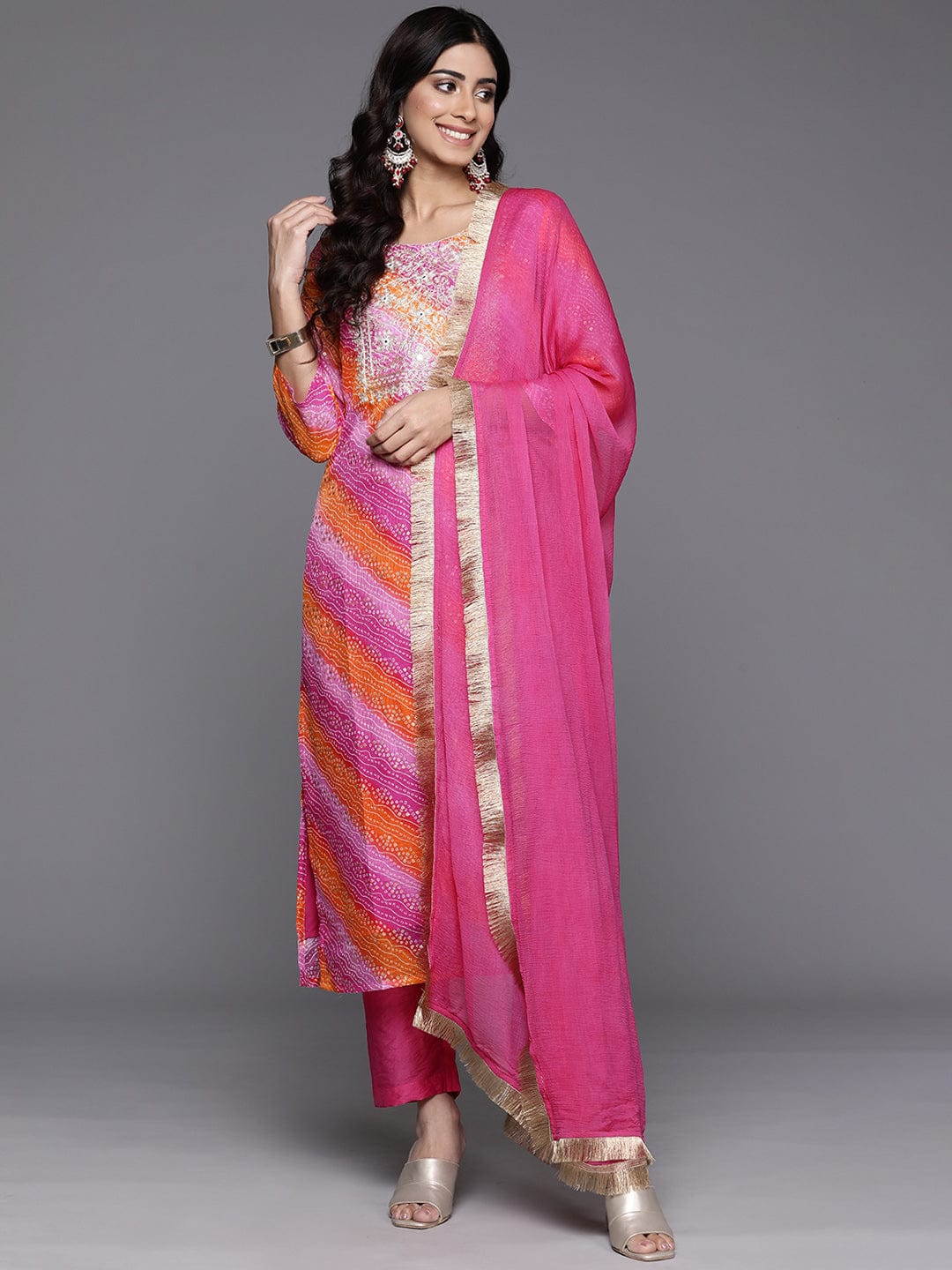 The Kurti Collection Women Pink Foil Printed Bandhani Zari Embroidered Kurta With Bottom And Dupatta