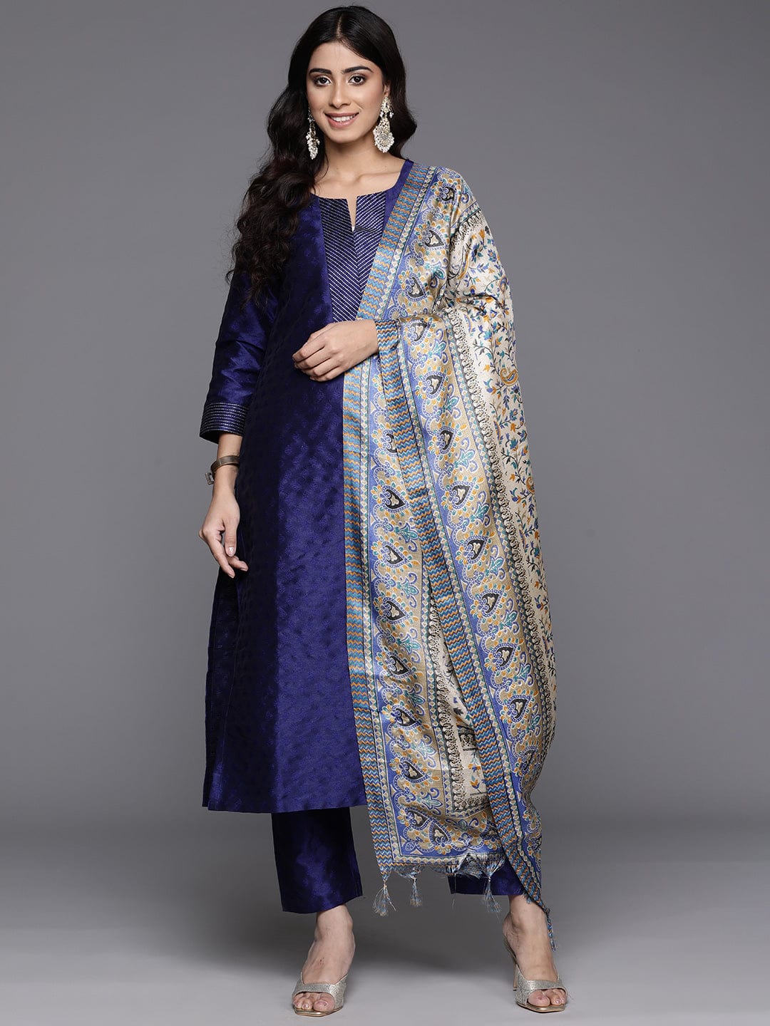The Kurti Collection Women Navy Blue Woven Zari Embroidered Straight Kurta With Bottom And Dupatta