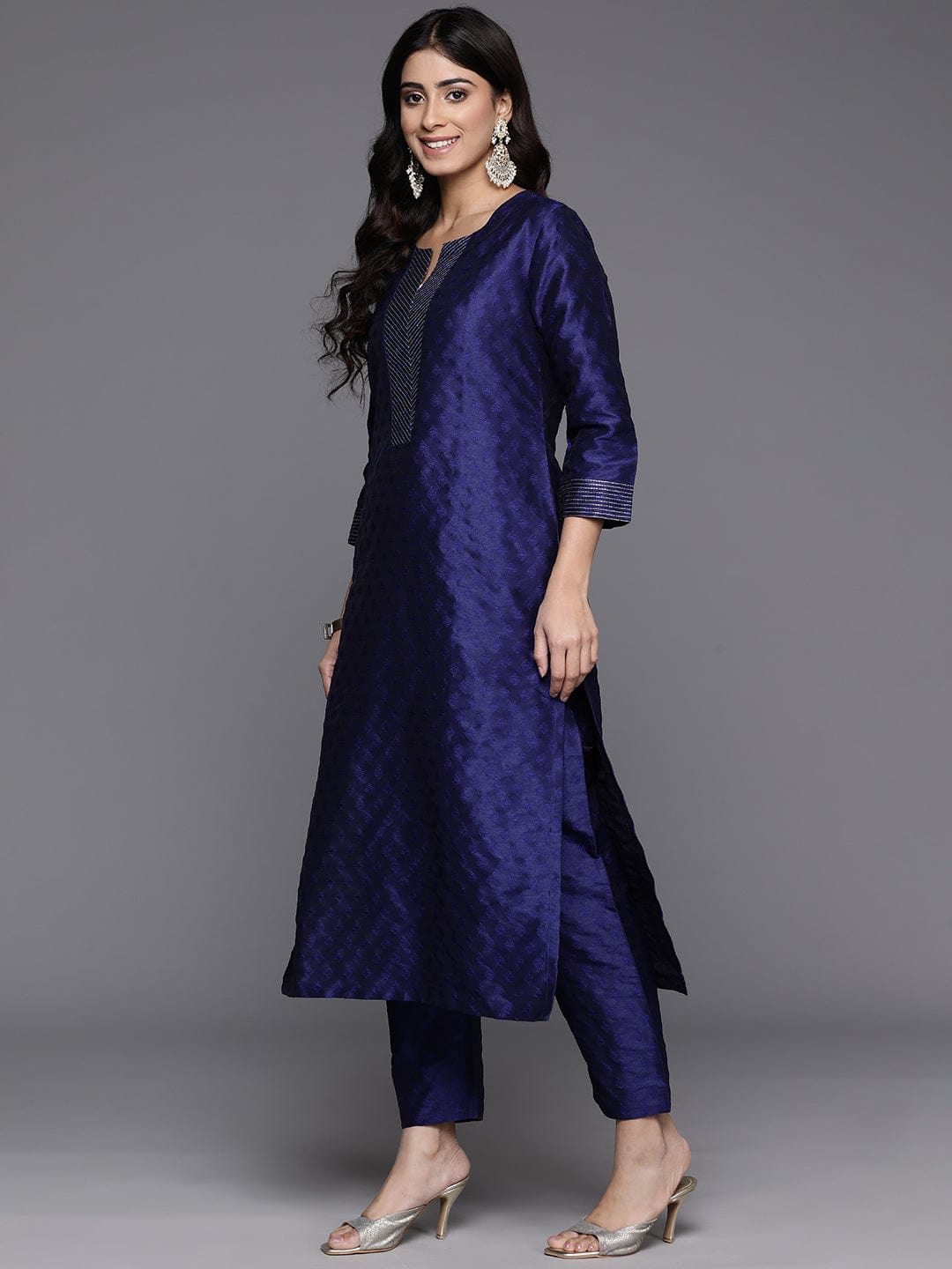 The Kurti Collection Women Navy Blue Woven Zari Embroidered Straight Kurta With Bottom And Dupatta