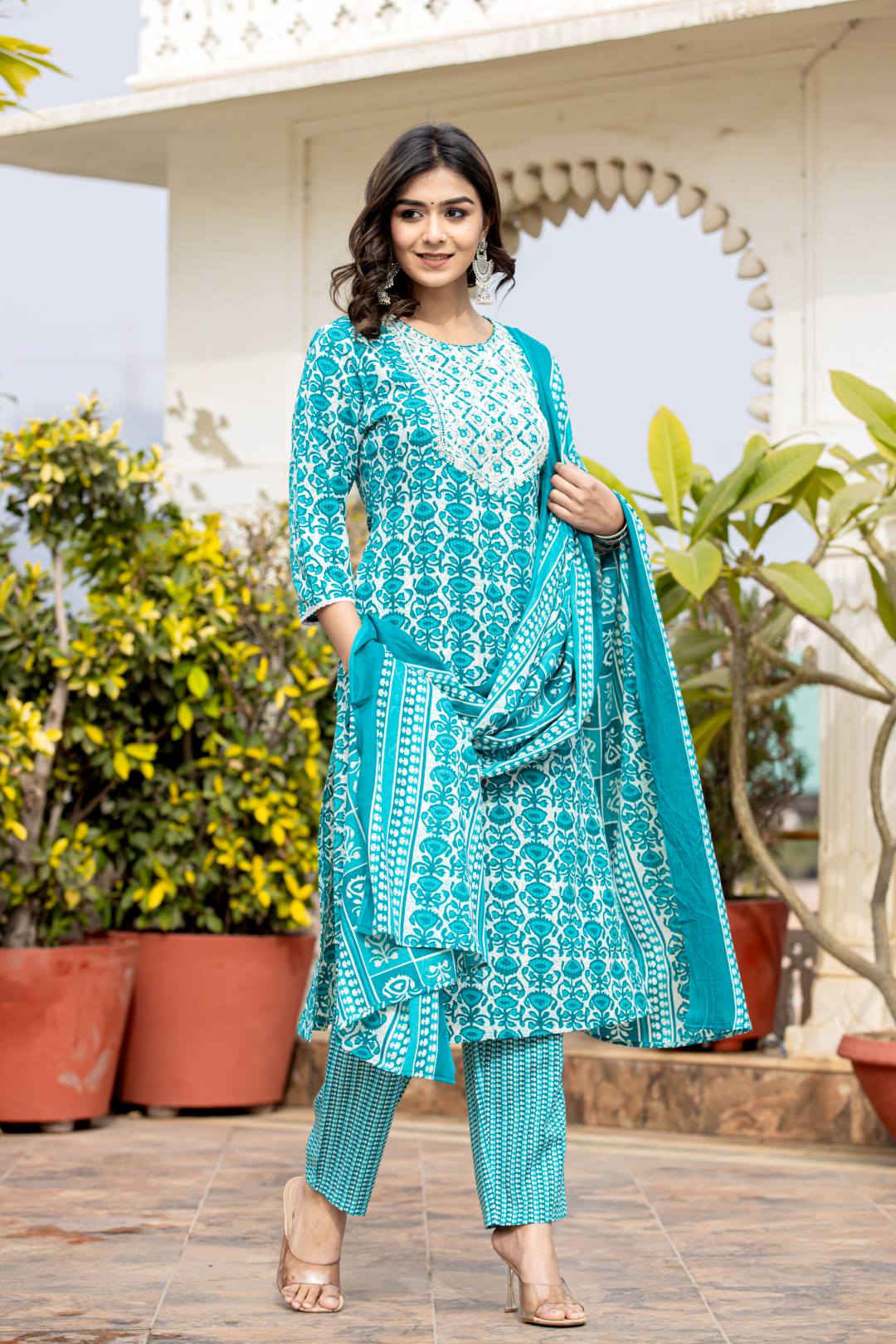 The Kurti Collection Women Blue Printed Round Neck Yoke Embroidered Kurta Paired With Bottom And Dupatta