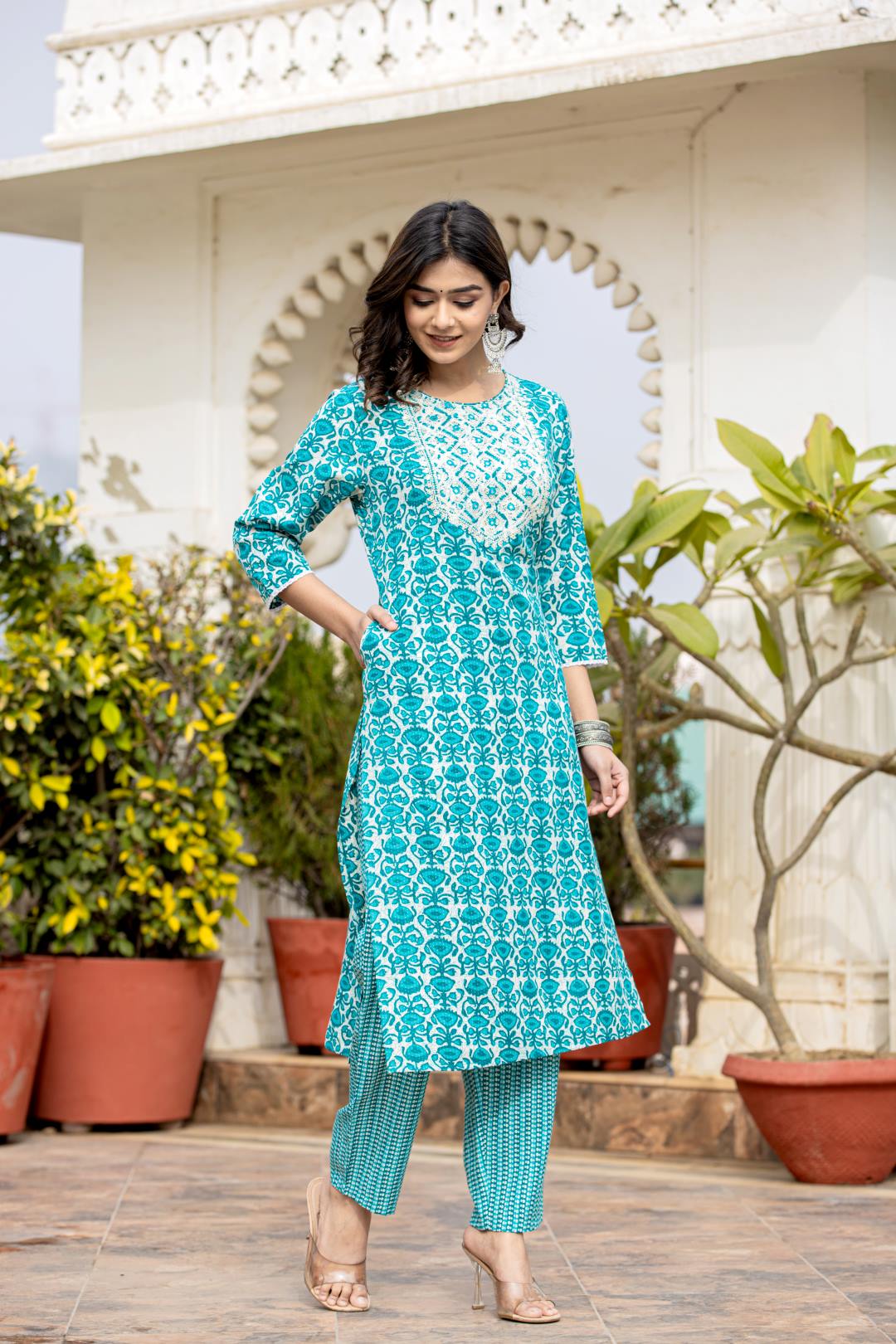 The Kurti Collection Women Blue Printed Round Neck Yoke Embroidered Kurta Paired With Bottom And Dupatta