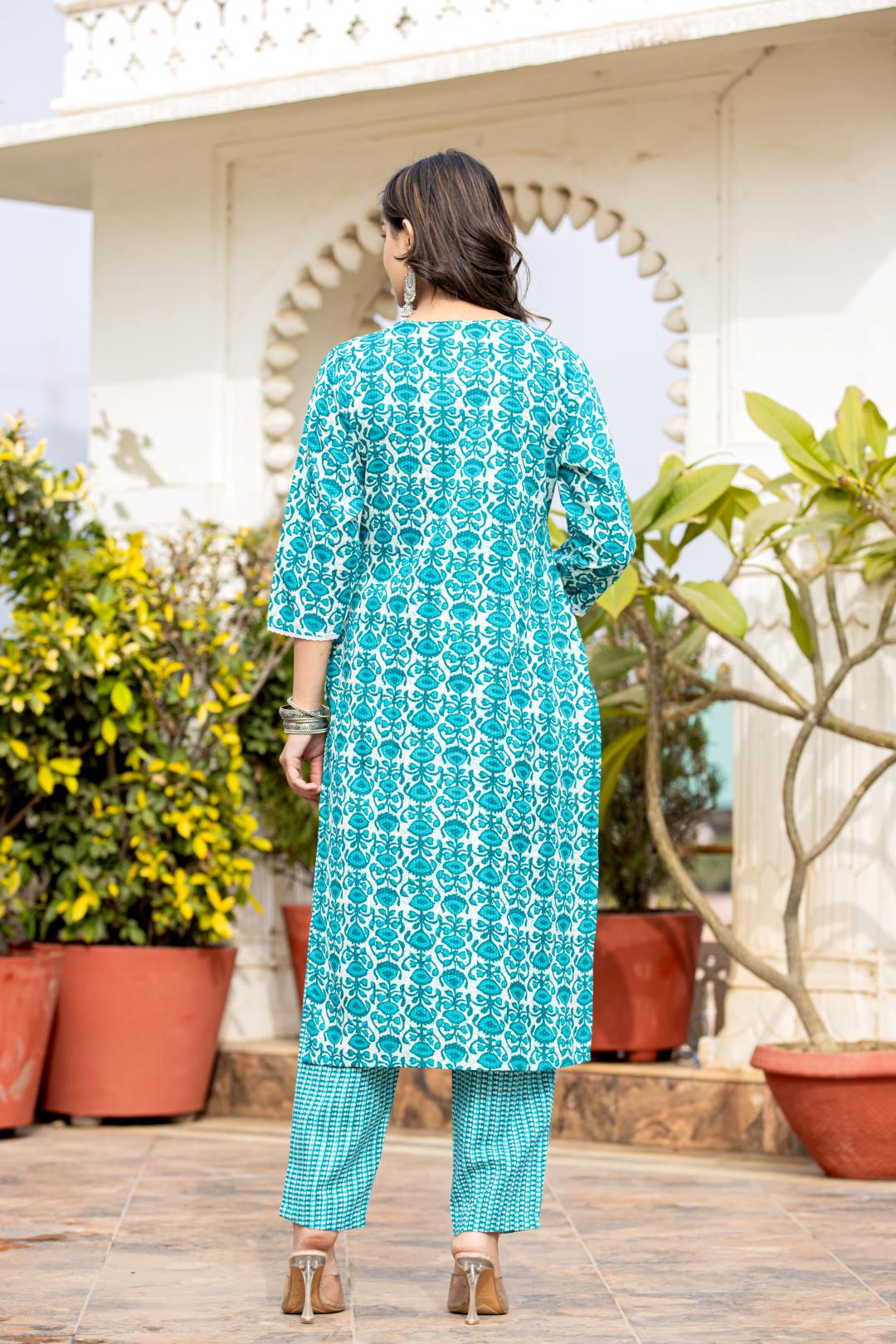 The Kurti Collection Women Blue Printed Round Neck Yoke Embroidered Kurta Paired With Bottom And Dupatta