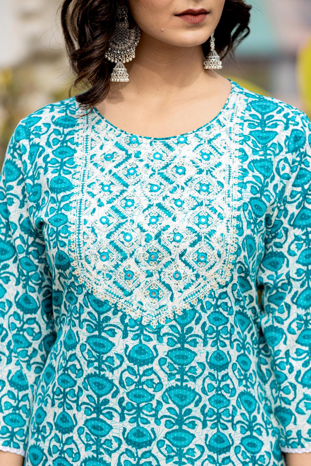 The Kurti Collection Women Blue Printed Round Neck Yoke Embroidered Kurta Paired With Bottom And Dupatta