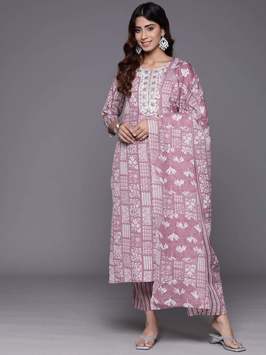 The Kurti Collection Women Magenta Printed Round Neck Embroidered Kurta Paired With Bottom And Dupatta