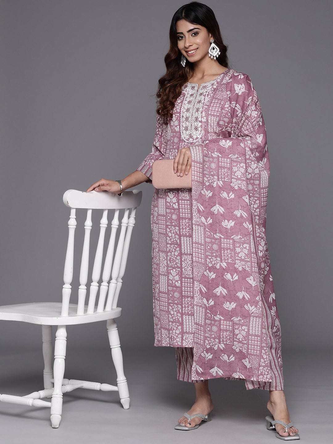 The Kurti Collection Women Magenta Printed Round Neck Embroidered Kurta Paired With Bottom And Dupatta