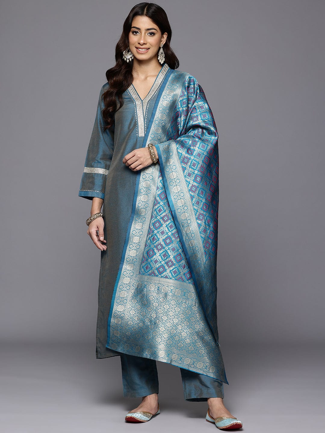 The Kurti Collection Women Blue Gota And Lace Embellished Kurta With Bottom And Printed Dupatta