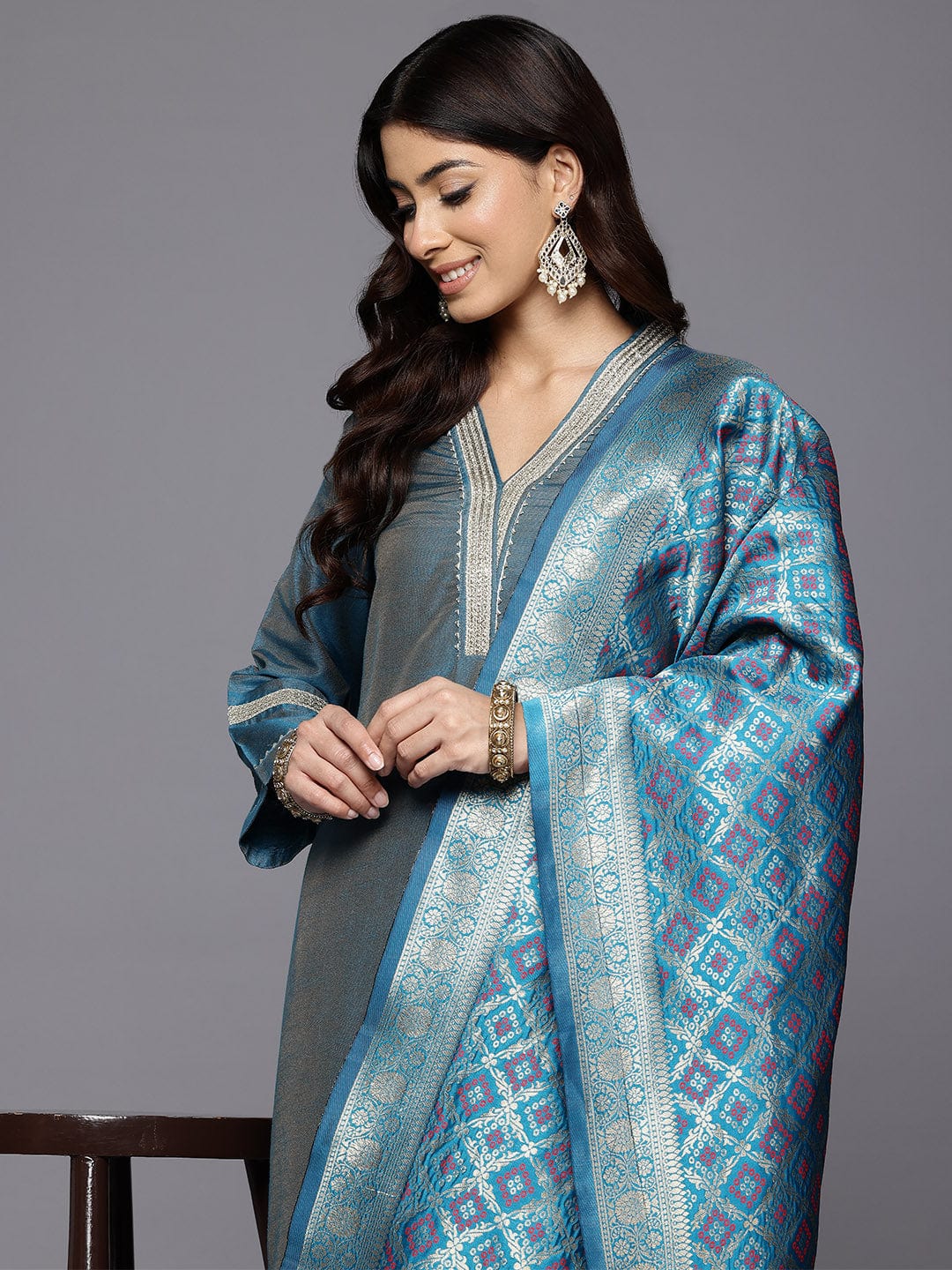 The Kurti Collection Women Blue Gota And Lace Embellished Kurta With Bottom And Printed Dupatta