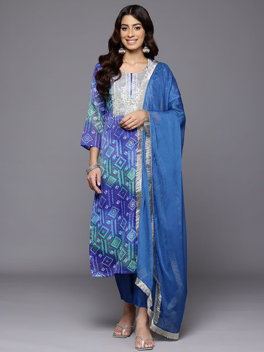 The Kurti Collection Women Blue Bandhani Printed Zari Embroidered Kurta With Bottom And Dupatta