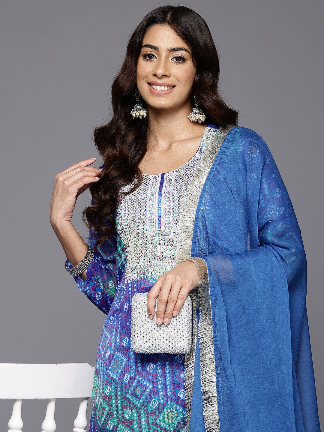 The Kurti Collection Women Blue Bandhani Printed Zari Embroidered Kurta With Bottom And Dupatta