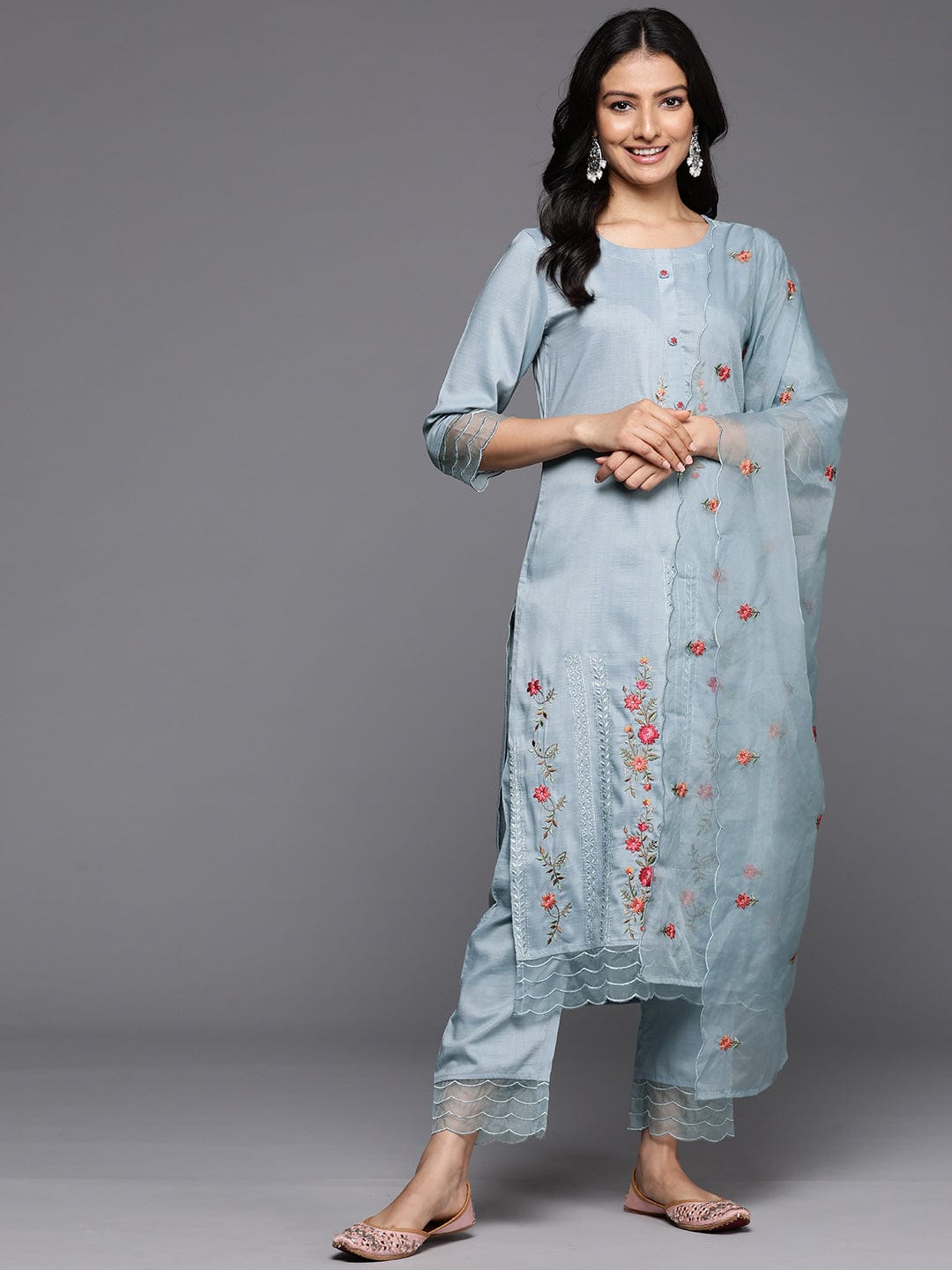 The Kurti Collection Women Blue Thread Embroidered Kurta With Organza Hem Paired Bottom And Dupatta