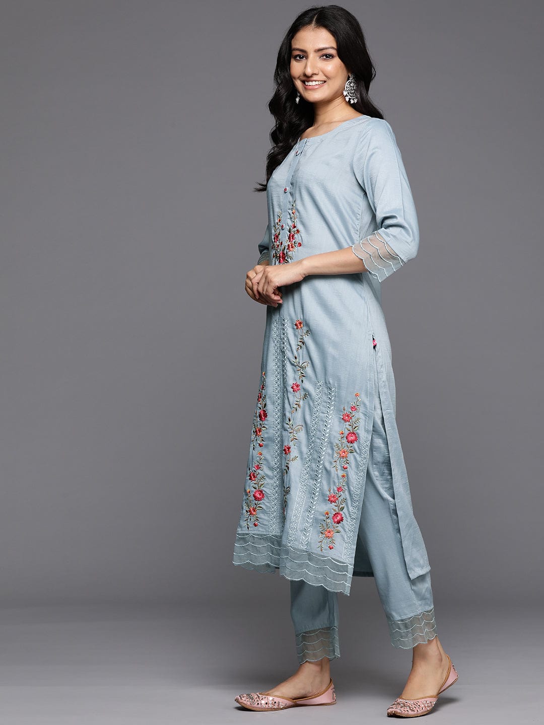 The Kurti Collection Women Blue Thread Embroidered Kurta With Organza Hem Paired Bottom And Dupatta