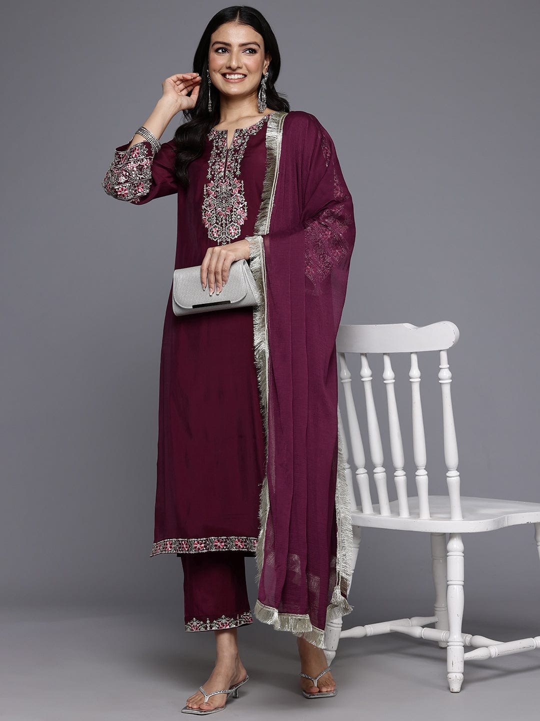 The Kurti Collection Women Purple Round Neck Embroidered Kurta With Embroidered Bottom And Tonal Dupatta