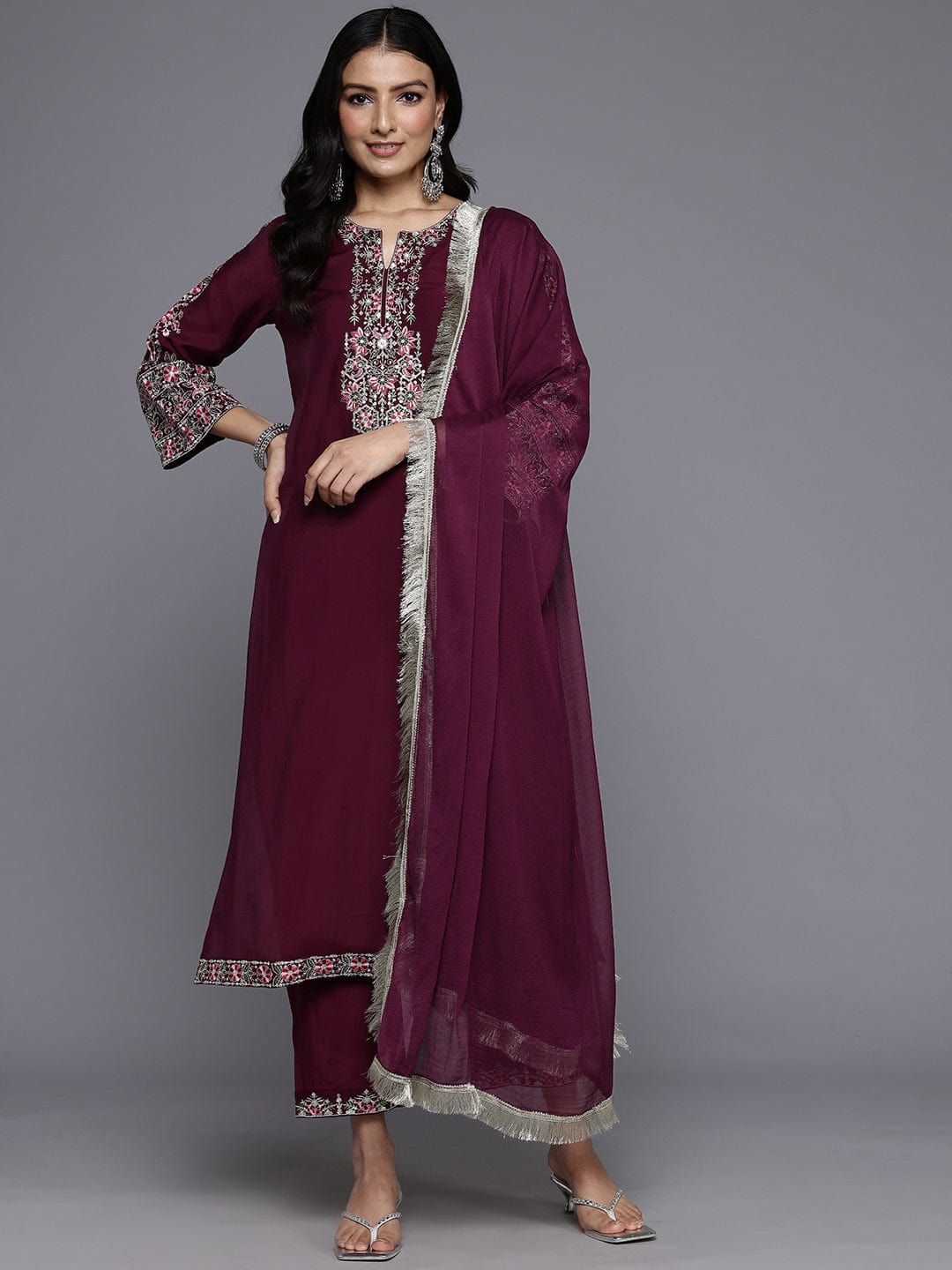 The Kurti Collection Women Purple Round Neck Embroidered Kurta With Embroidered Bottom And Tonal Dupatta