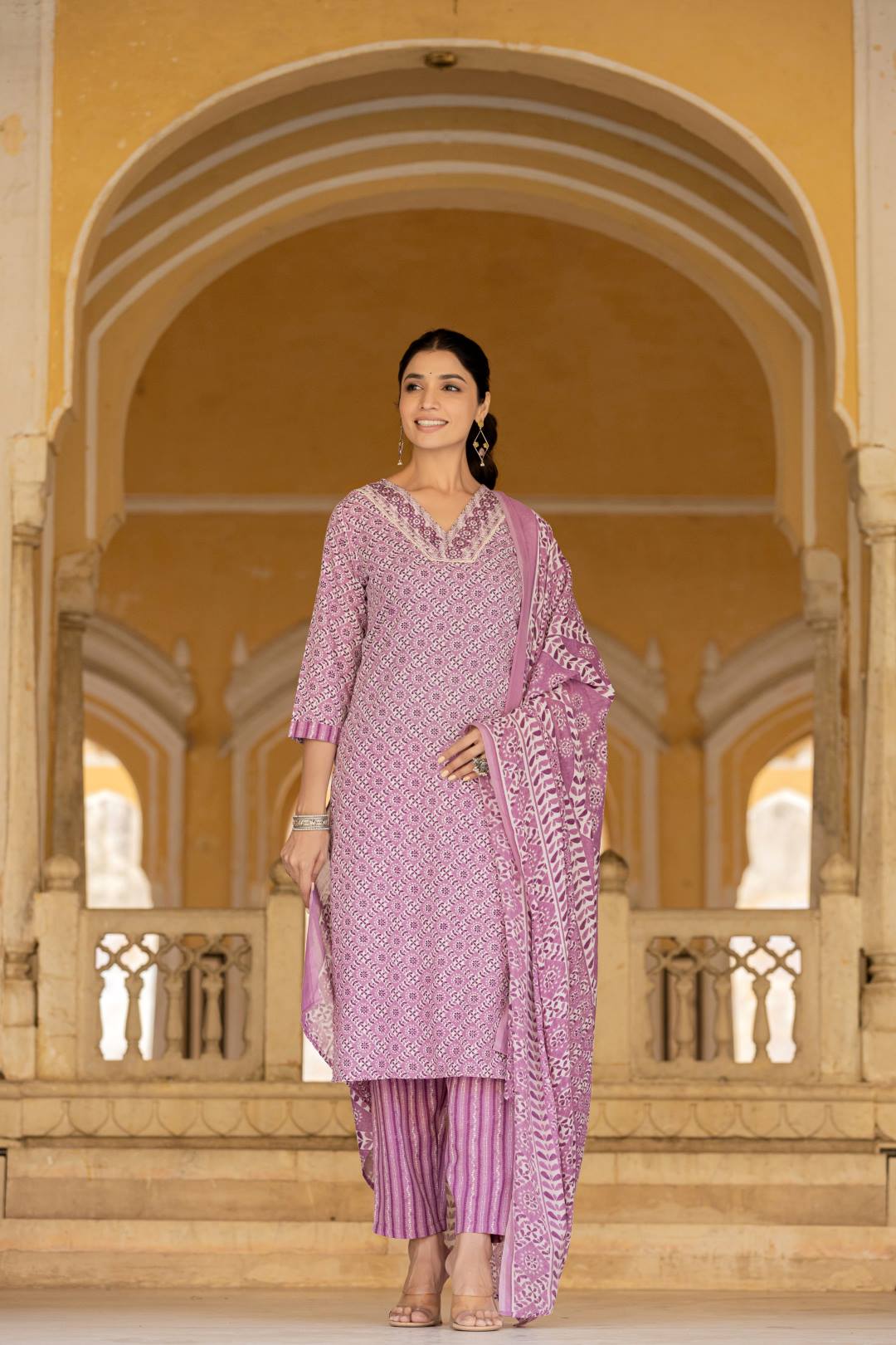The Kurti Collection Women Lavender V Neck Thread Embroidered Kurta Paired With Printed Bottom And Dupatta