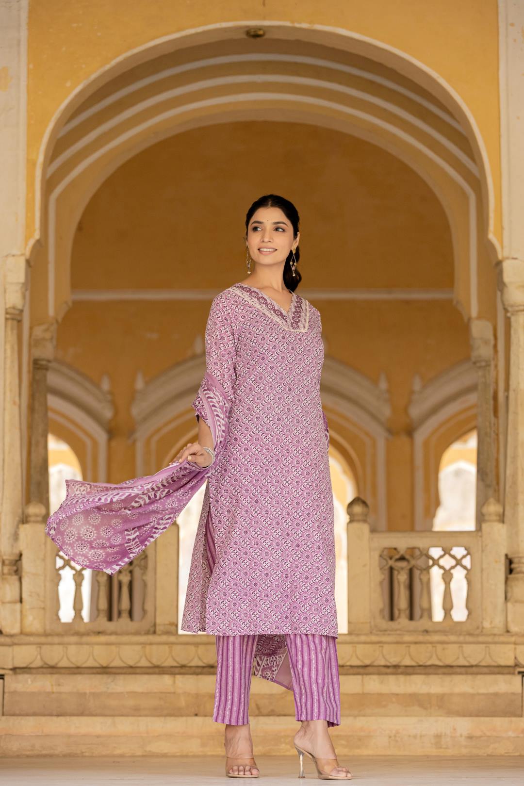 The Kurti Collection Women Lavender V Neck Thread Embroidered Kurta Paired With Printed Bottom And Dupatta