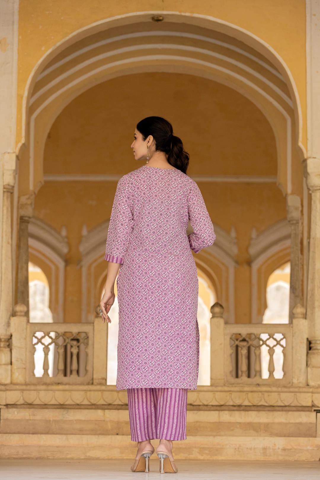 The Kurti Collection Women Lavender V Neck Thread Embroidered Kurta Paired With Printed Bottom And Dupatta