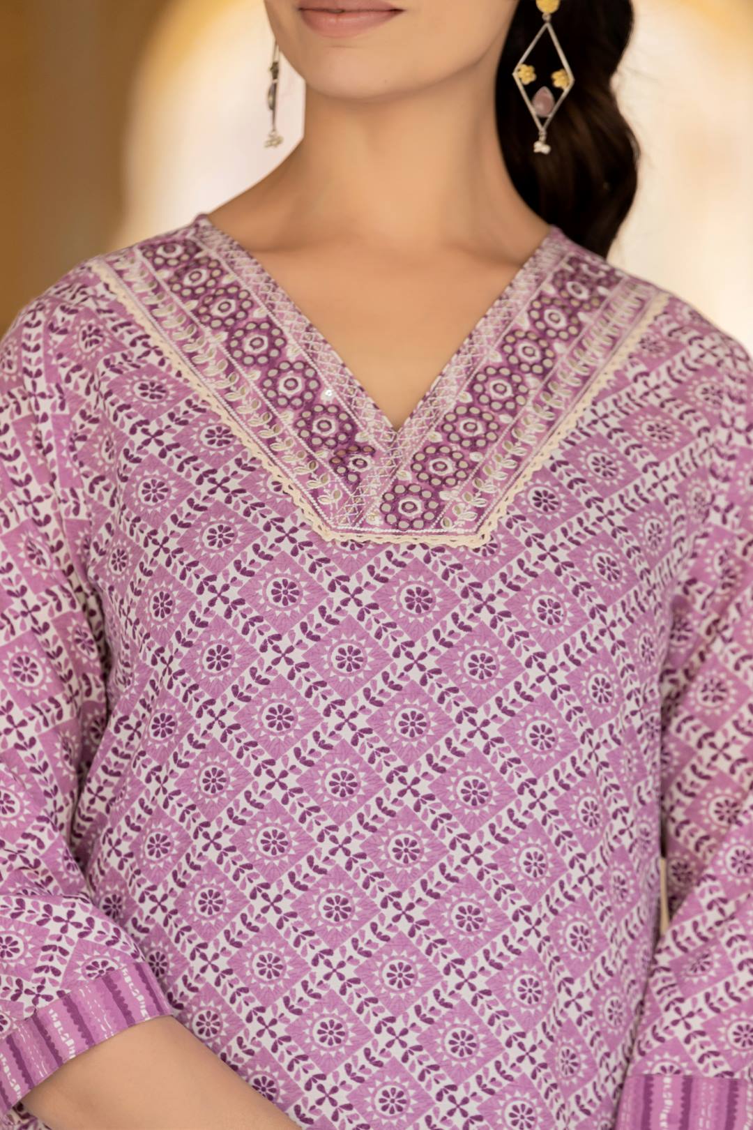 The Kurti Collection Women Lavender V Neck Thread Embroidered Kurta Paired With Printed Bottom And Dupatta
