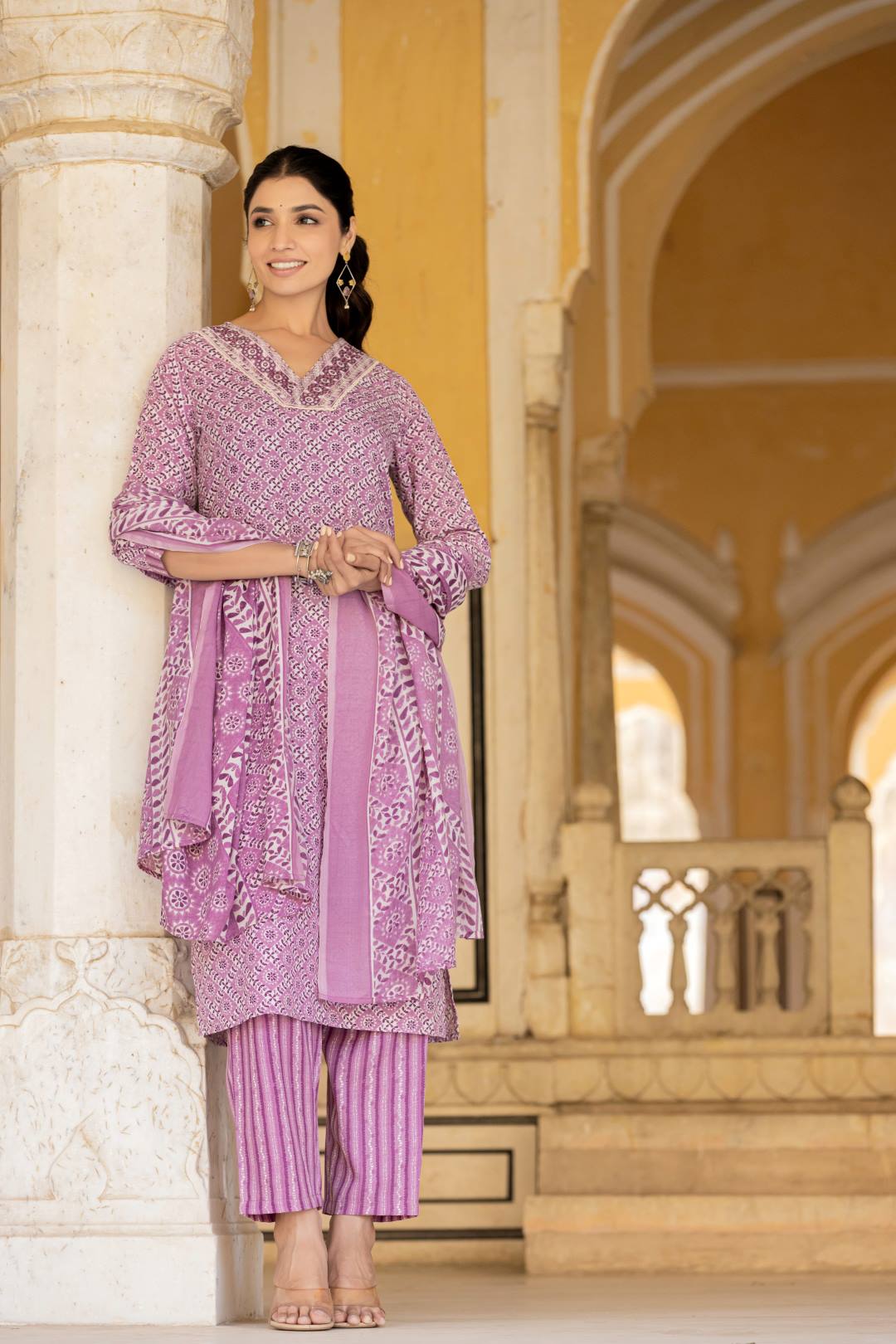 The Kurti Collection Women Lavender V Neck Thread Embroidered Kurta Paired With Printed Bottom And Dupatta