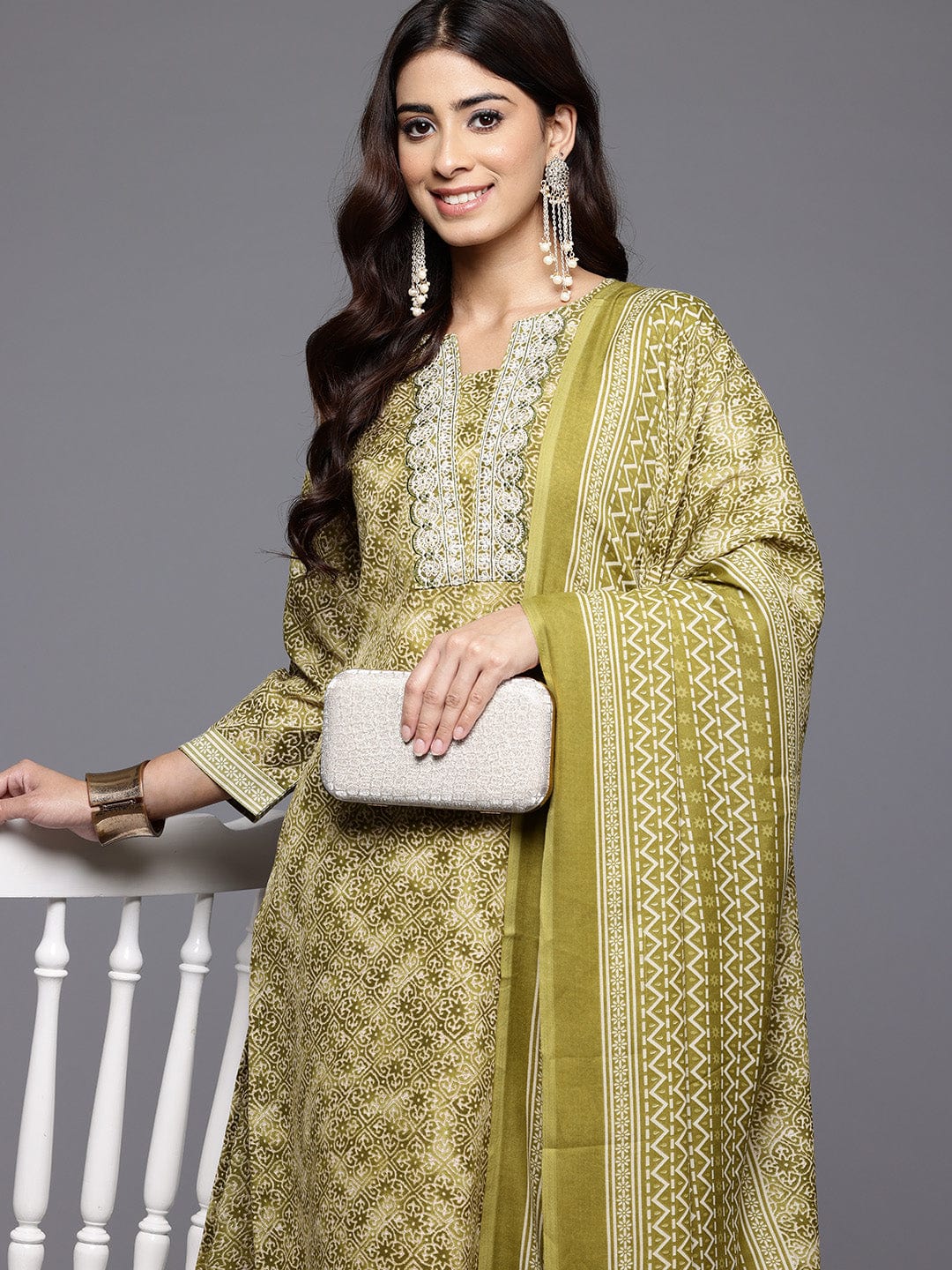 The Kurti Collection Women Green Round Neck Printed Yoke Embroidered Kurta With Bottom And Dupatta