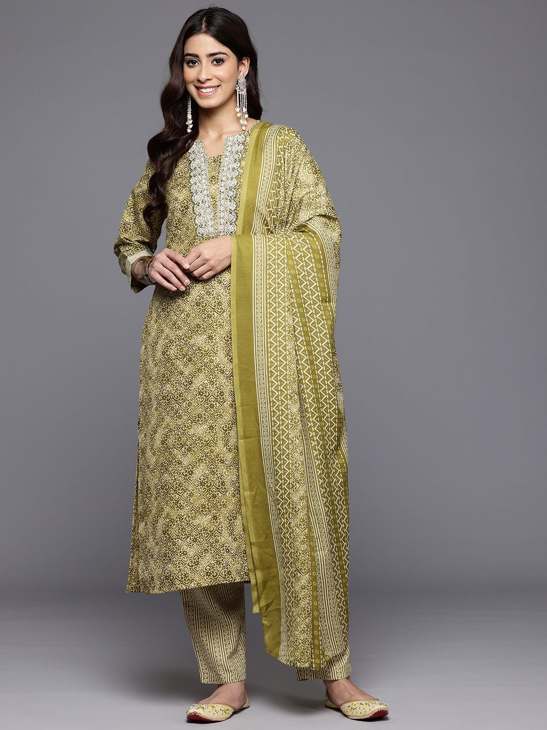 The Kurti Collection Women Green Round Neck Printed Yoke Embroidered Kurta With Bottom And Dupatta