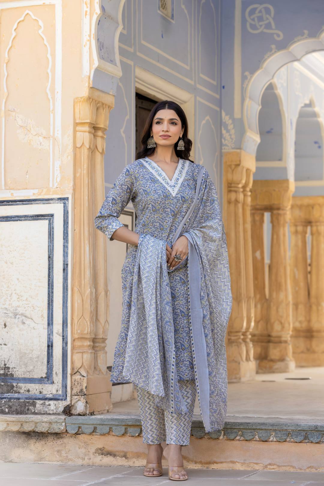 The Kurti Collection Women Grey Embroidered V Neck Kurta With Printed Bottom And Dupatta