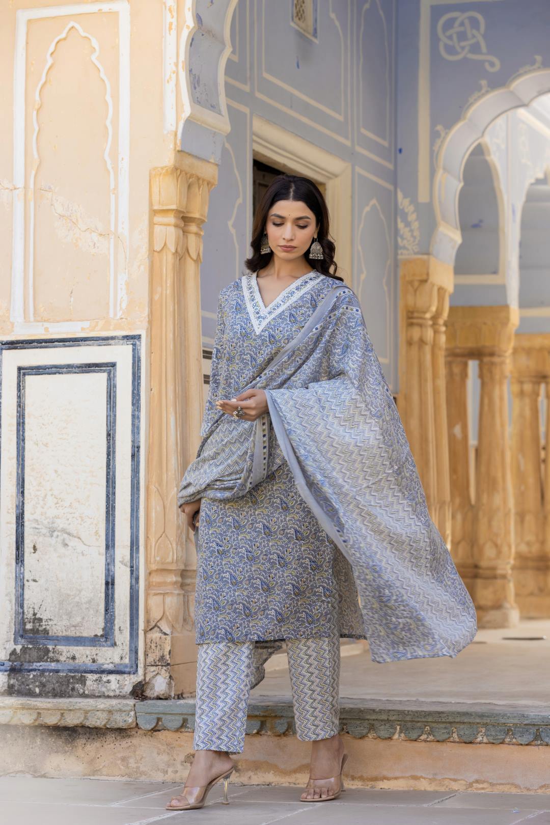 The Kurti Collection Women Grey Embroidered V Neck Kurta With Printed Bottom And Dupatta